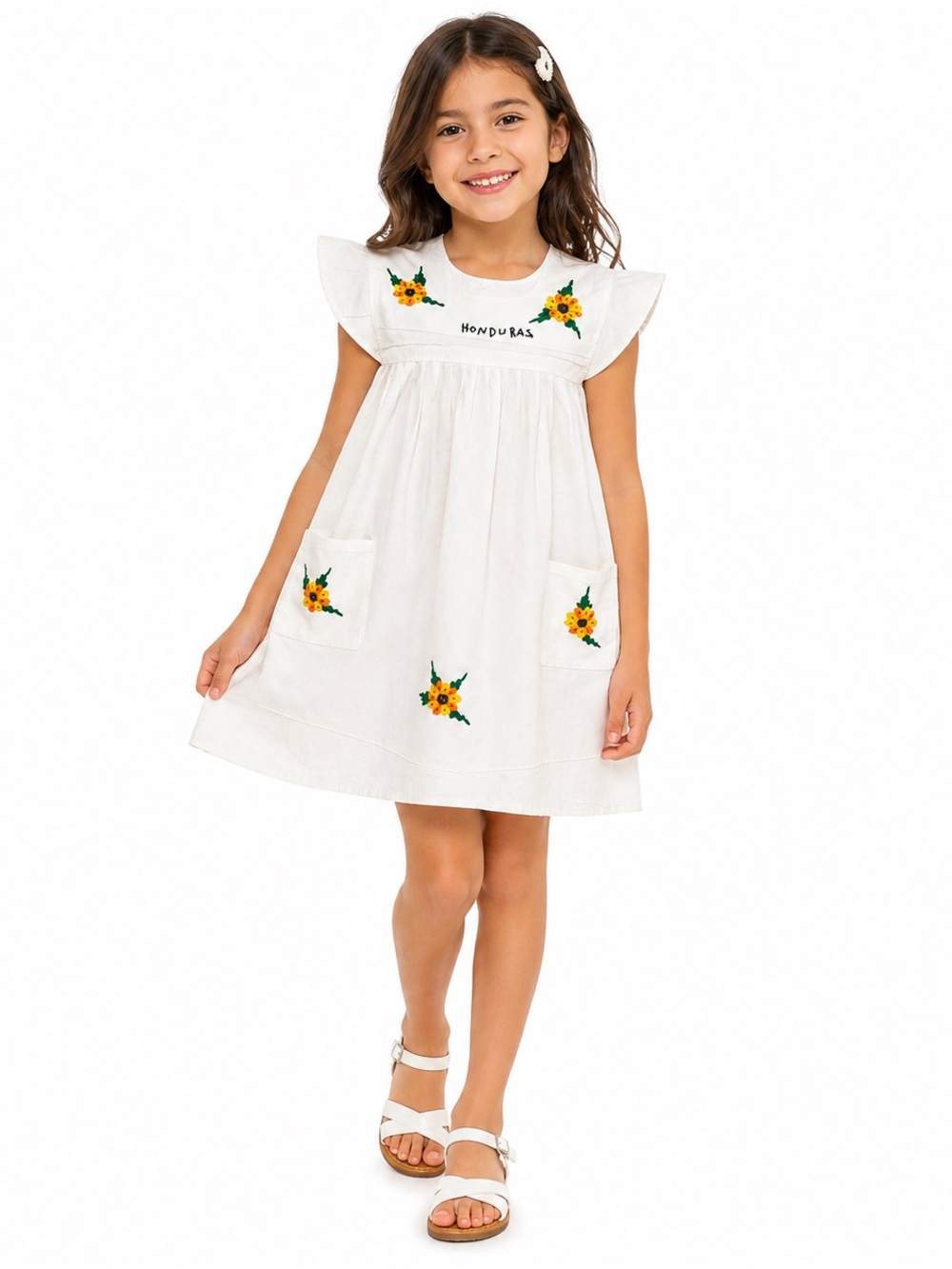 Handmade Honduras Girls Dress White‎ Floral Embroidered Boho Folk Size 4-5